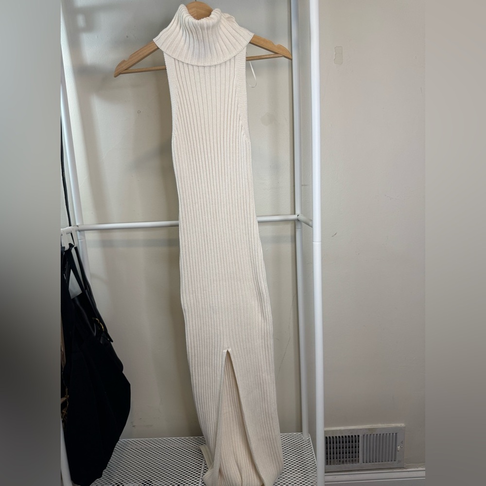 Zara Ribbed Knit Sleeveless Turtleneck Midi Dress in Cream